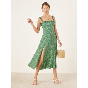Reformation Arielle green polka dot dress